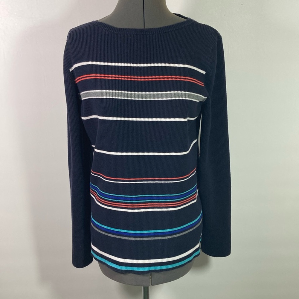 Liz Claiborne Sweater Women Size XL Navy w Multi Color Stripe Long Sleeve